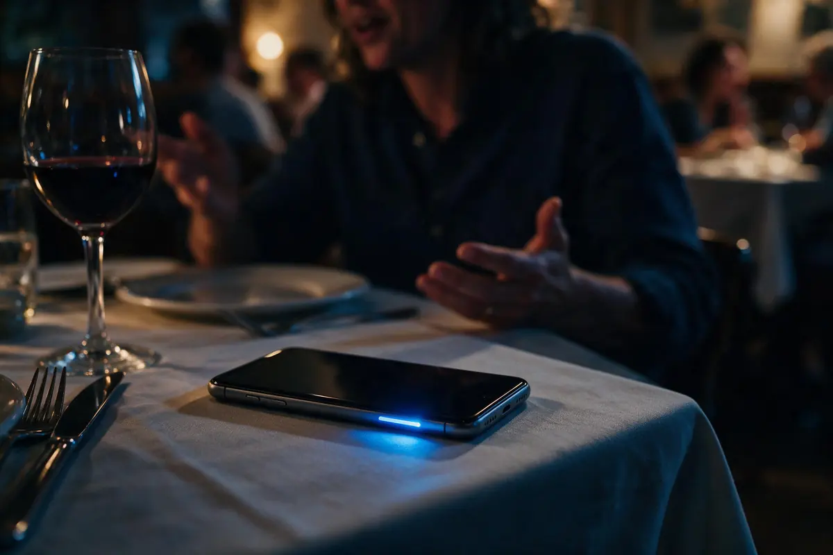 A phone lying face-down on a restaurant table, its notification light glowing, while the conversation carries on around it.