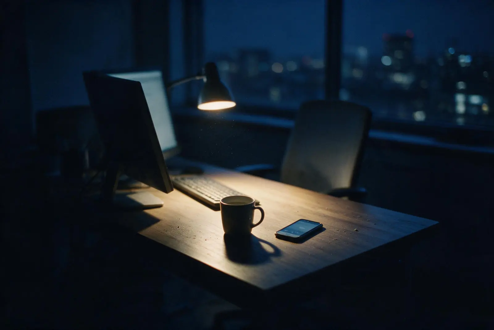 An empty desk in a dark office late at night, one lamp on and the screens still awake.