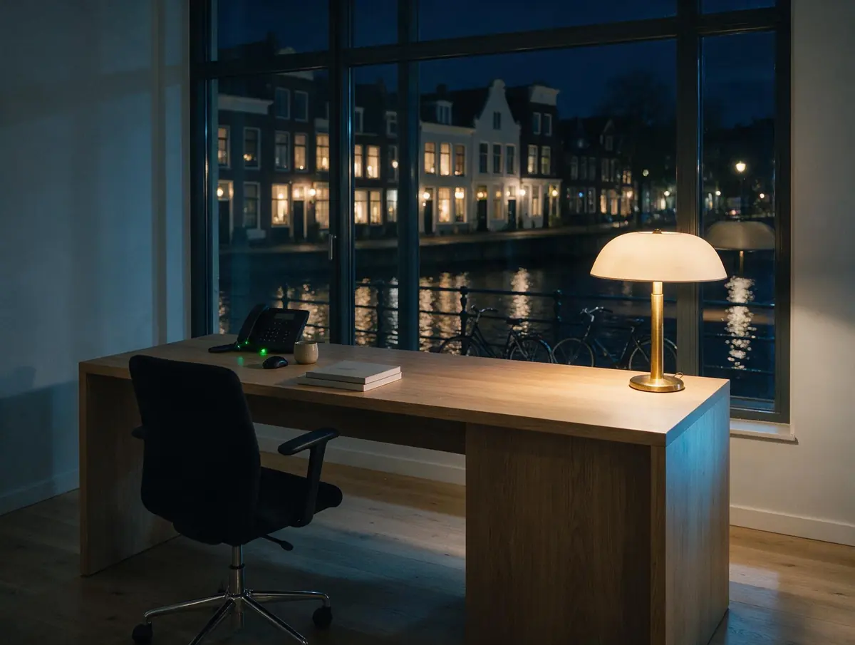 A workplace in Amsterdam at night, the phone unanswered