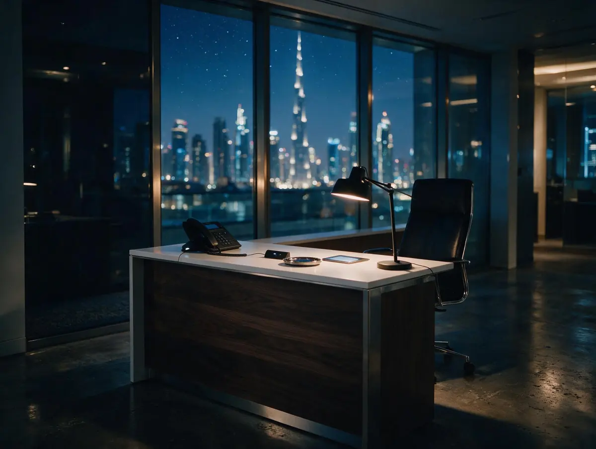 A workplace in Dubai at night, the phone unanswered