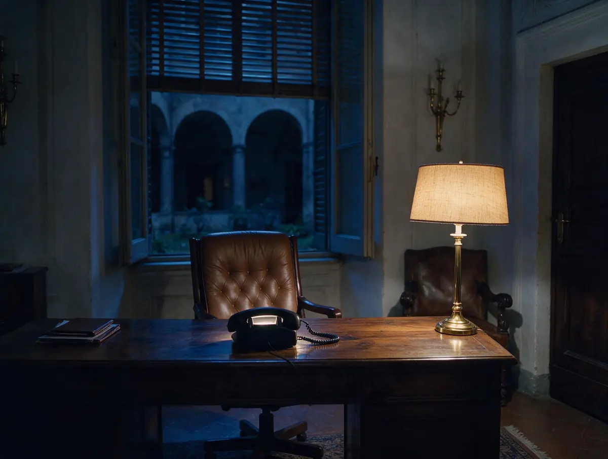 A workplace in Milan at night, the phone unanswered