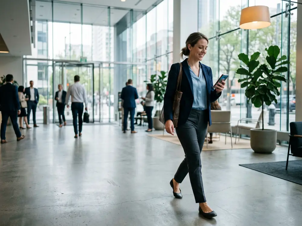 A businesswoman glancing at her phone mid-stride in a bright office lobby