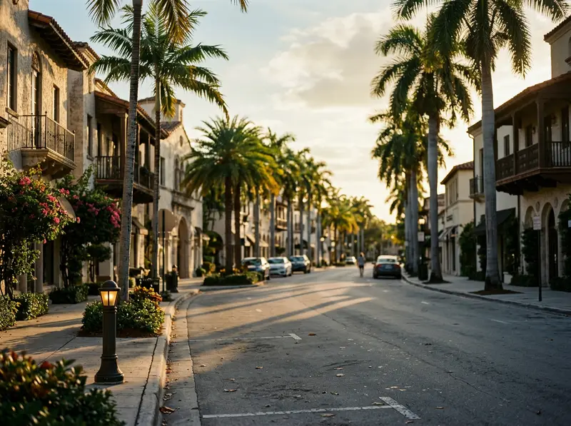 A Coral Gables avenue at golden hour, lined with palms