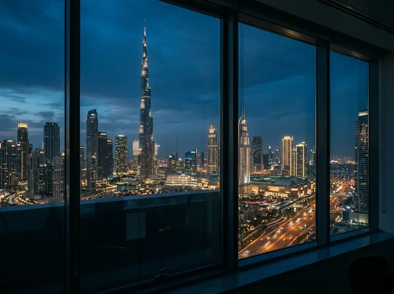 Downtown Dubai at dusk seen from an office window