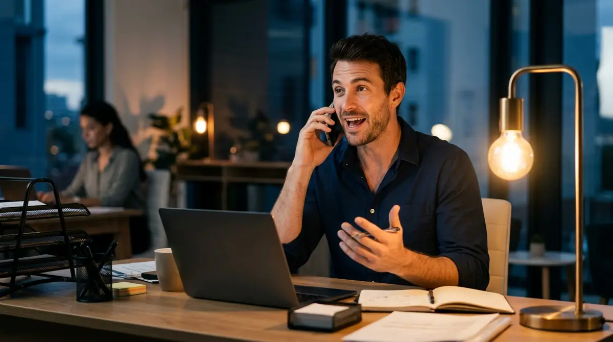 A man taking a call at his desk in the evening, mid-sentence and engaged