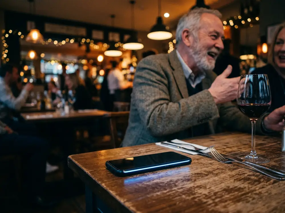 A phone left on a restaurant table, its notification glowing, while dinner carries on