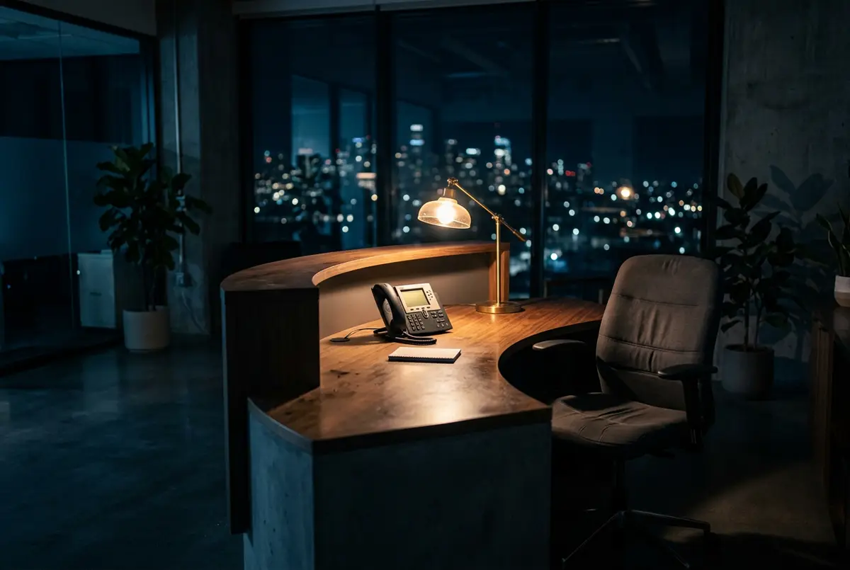 A reception desk at night with a desk phone lit by a single warm lamp