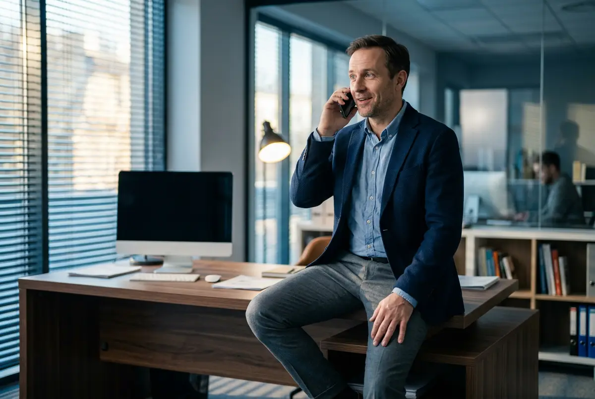 A business owner sitting on the edge of a desk, listening on the phone with a half-smile