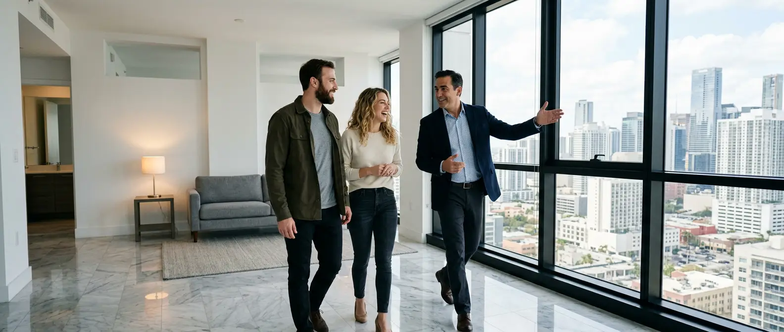 A broker showing a client couple through a bright, half-furnished apartment