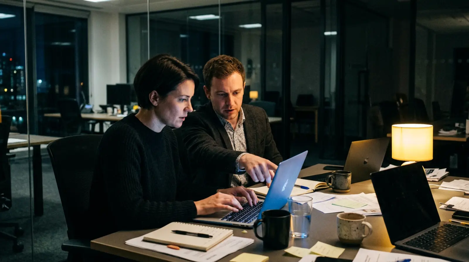 Two colleagues working late at adjacent desks, one pointing at the other's screen
