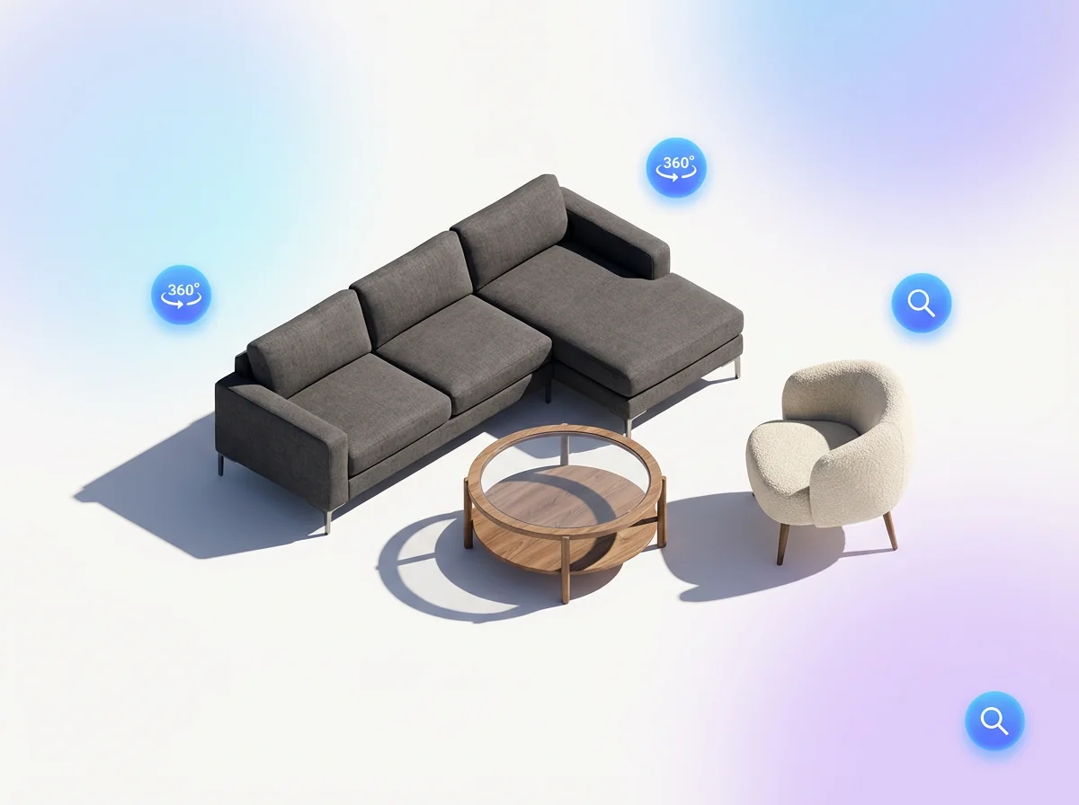 DTC furniture brand photorealistic 3D hero renders in aspirational room settings