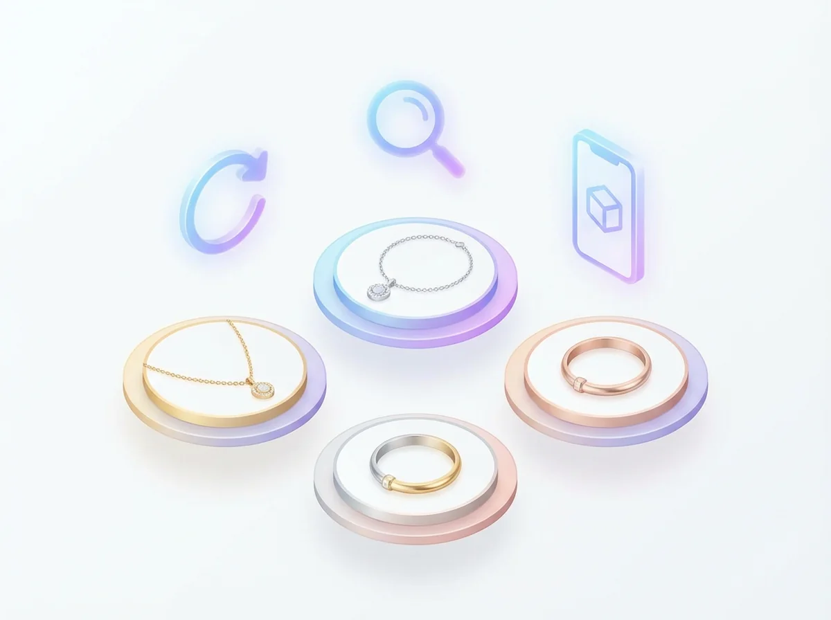 Interactive 3D jewelry catalog with rotation, zoom, and multi-angle views