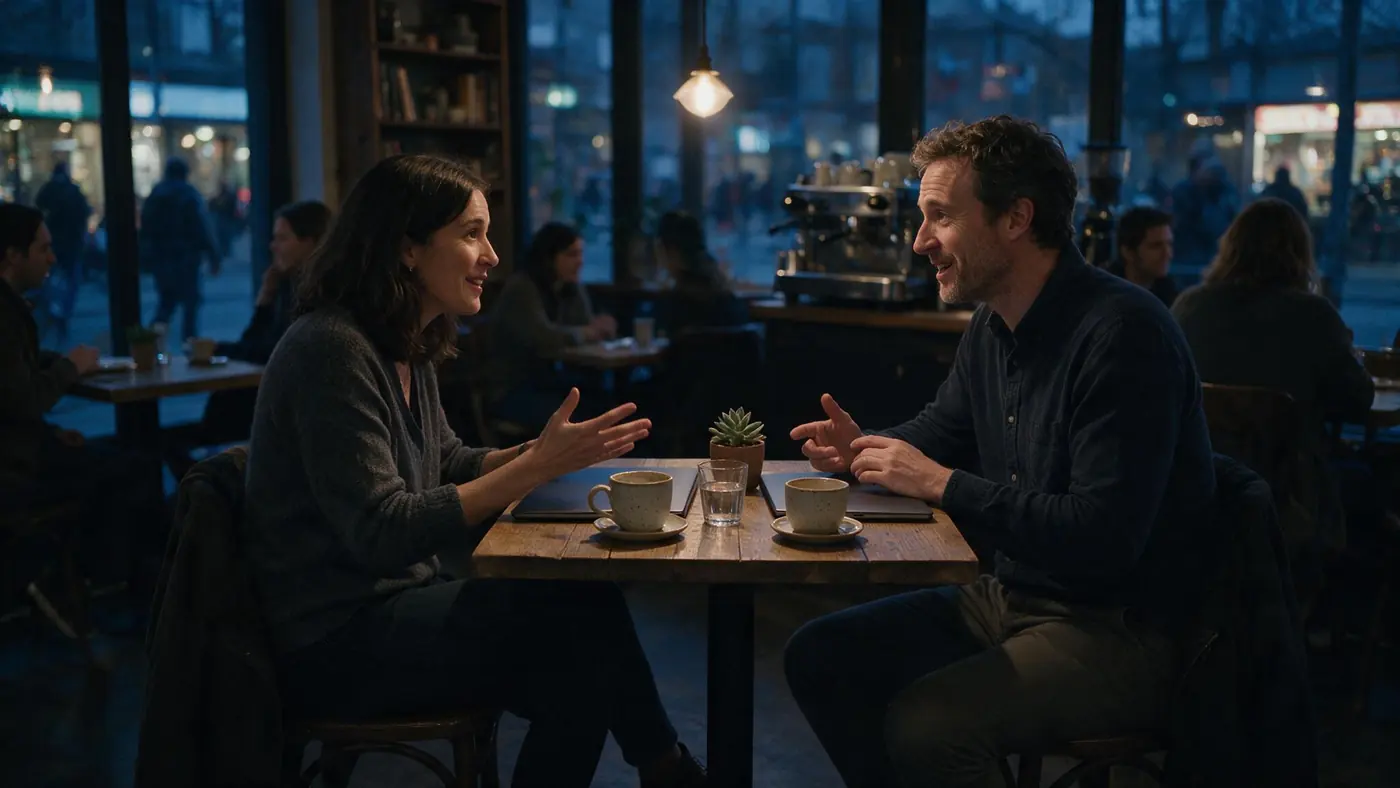 Two people talking across a café table in the late afternoon