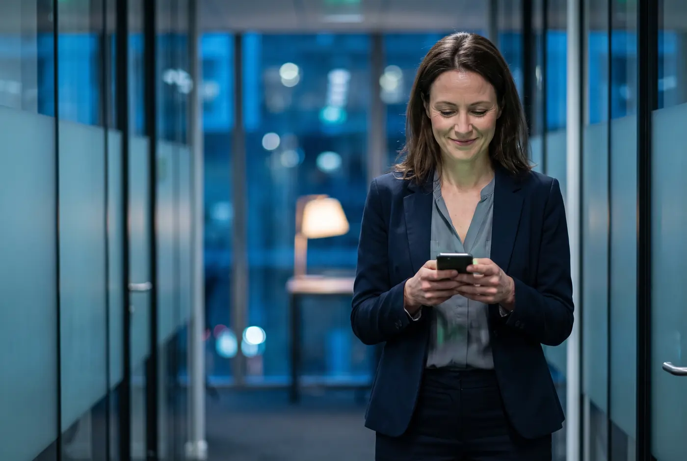 A woman reading a message on her phone in an office corridor