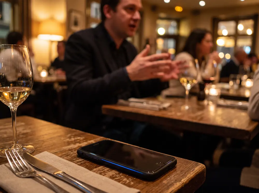 A phone on a restaurant table, ignored, its light showing