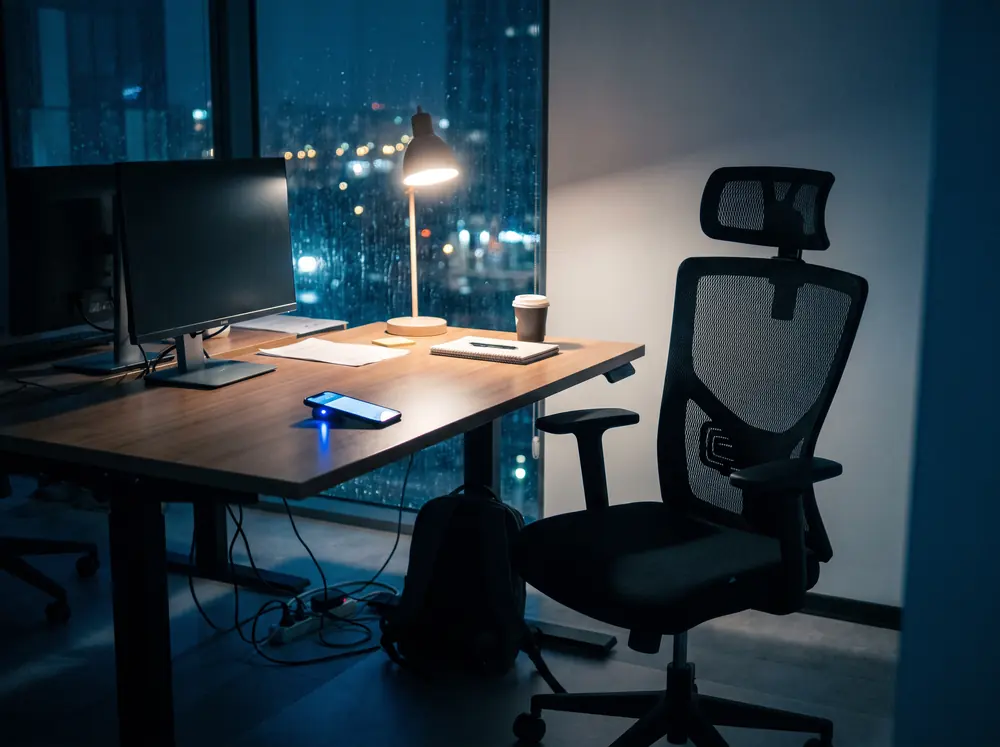 An empty desk after hours, a phone glowing on it