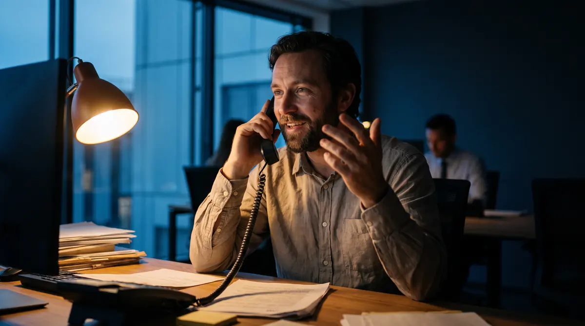 A man mid-sentence on a phone call at his desk