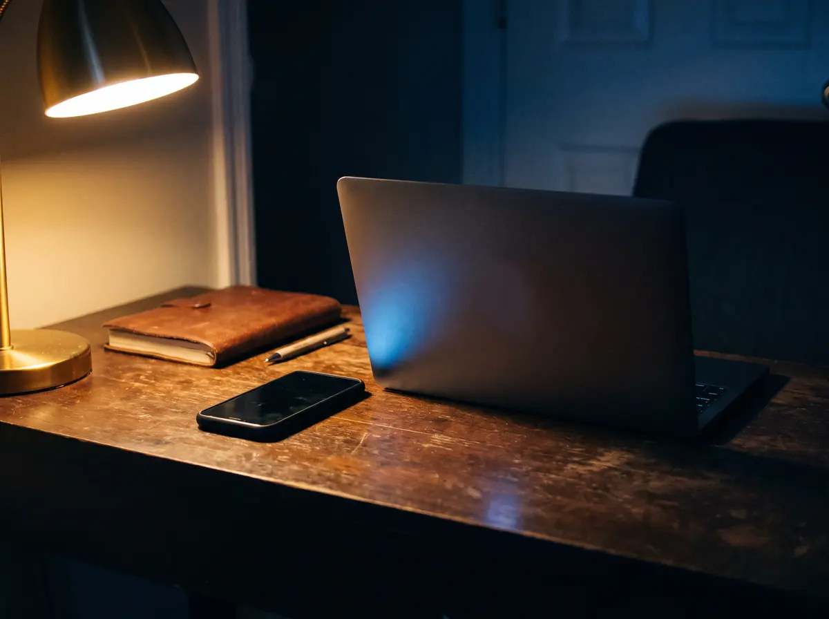 A desk at night with a laptop and a phone side by side