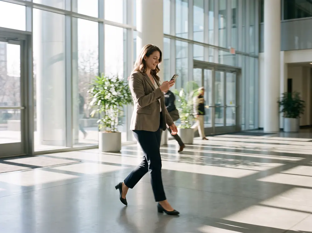 A woman glancing at her phone crossing an office lobby