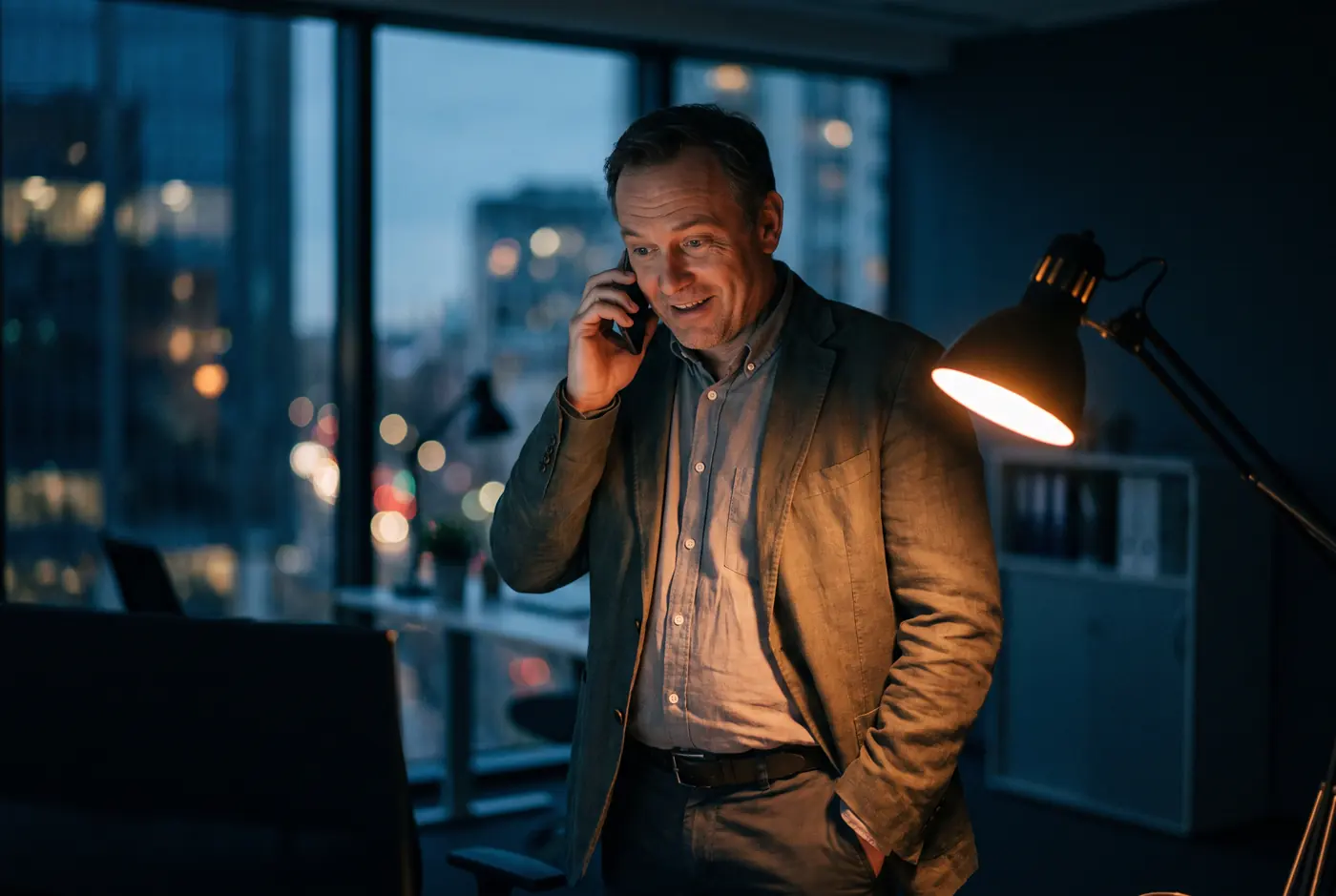 A business owner listening on the phone, half smiling