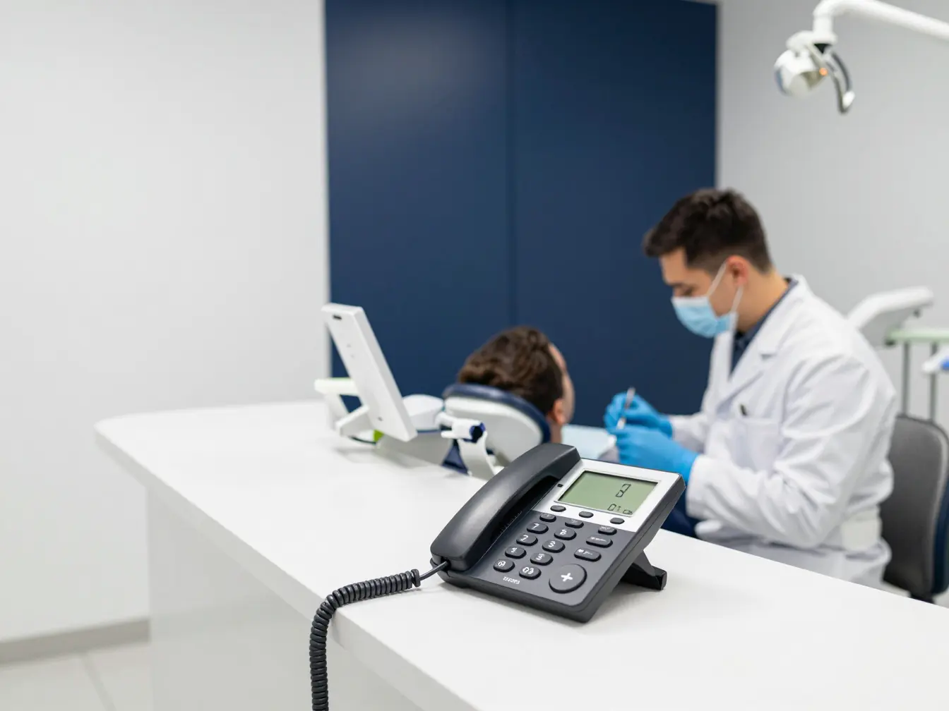 A dentist busy with a patient while the clinic phone rings at an empty front desk