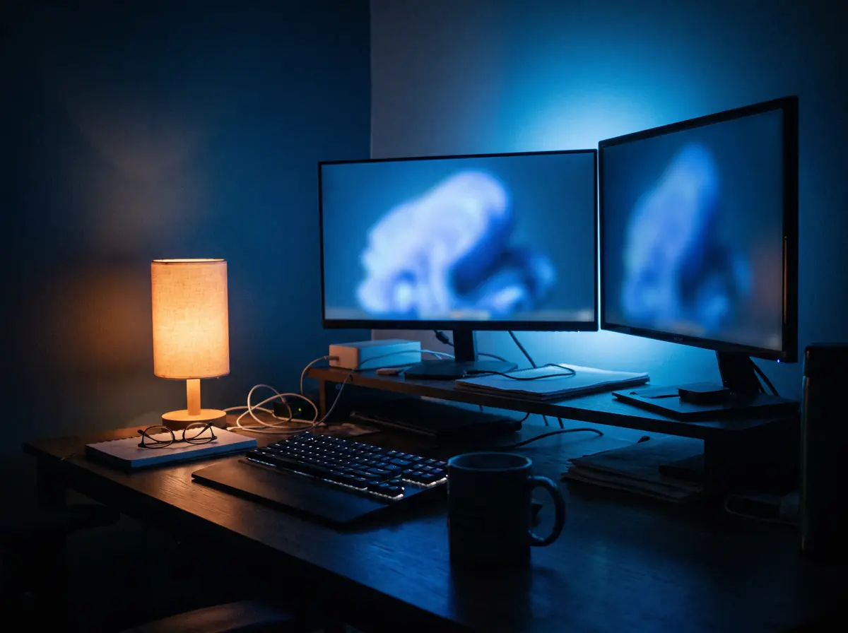 Two monitors glowing in a dark room late in the evening