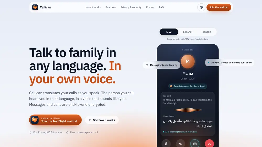 Callican — Звоните близким на любом языке, сохраняя свой голос. Сквозное шифрование, доступно для iPhone.