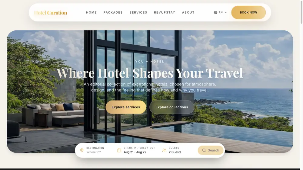 HotelCuration — An editorial hotel booking platform: properties picked for design and atmosphere rather than volume.