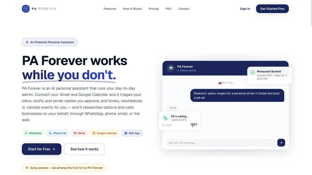 PA Forever — An AI assistant that makes real phone calls, triages your inbox, and books things for you while you are offline.