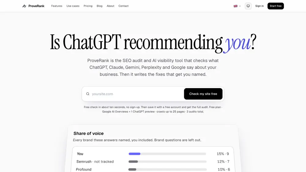 ProveRank — Узнайте, что ChatGPT, Gemini, Perplexity и Google говорят о вашем бизнесе, и получите рекомендации, как попасть в их ответы. Бесплатная проверка, без регистрации.